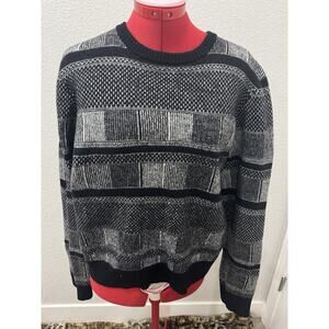 Vintage Sweater Mens Geometric Pattern Crew Neck Knit Pullover Black Gray